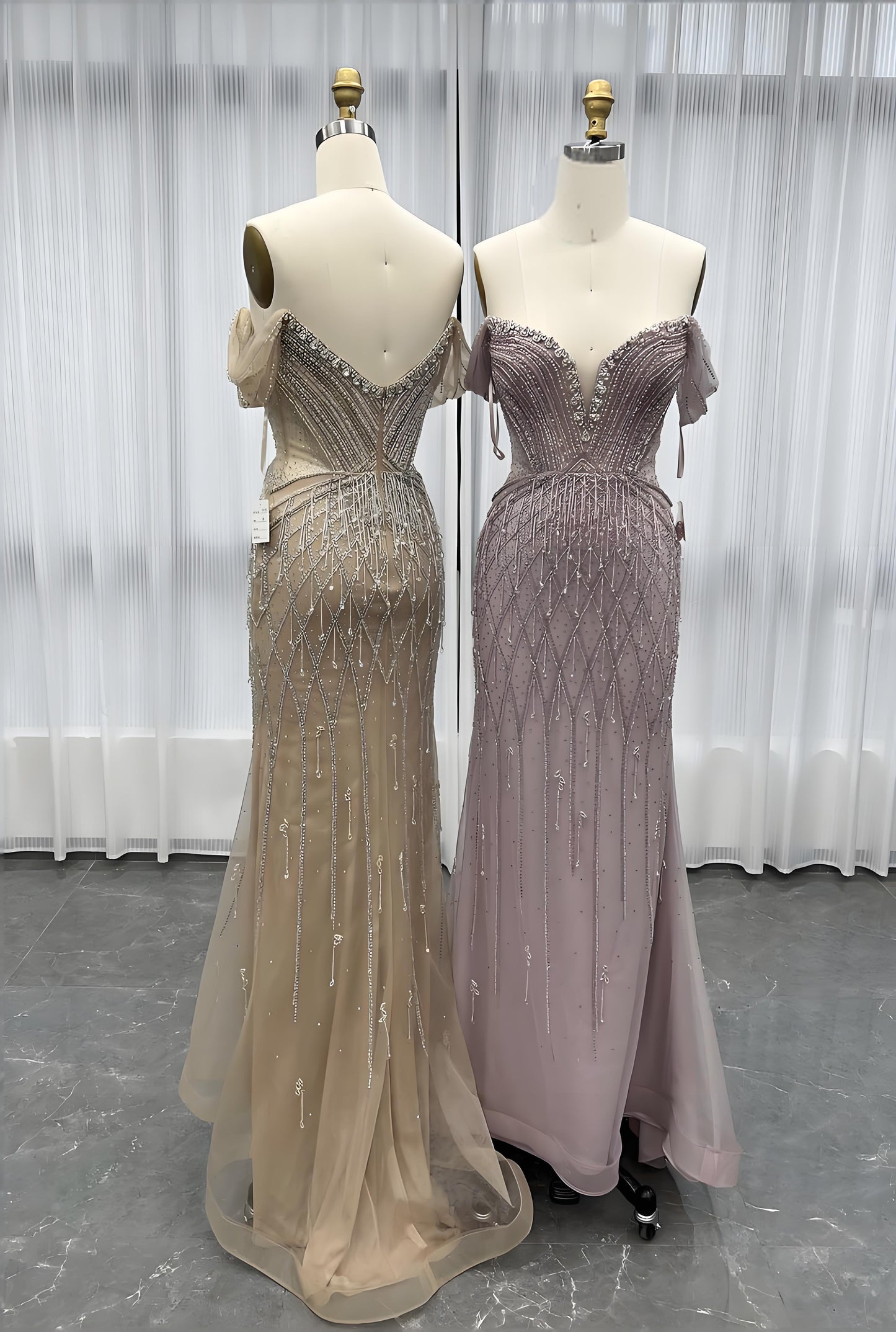 Off Shoulder Evening Dress Long Crystals Beaded Evening Gown-010