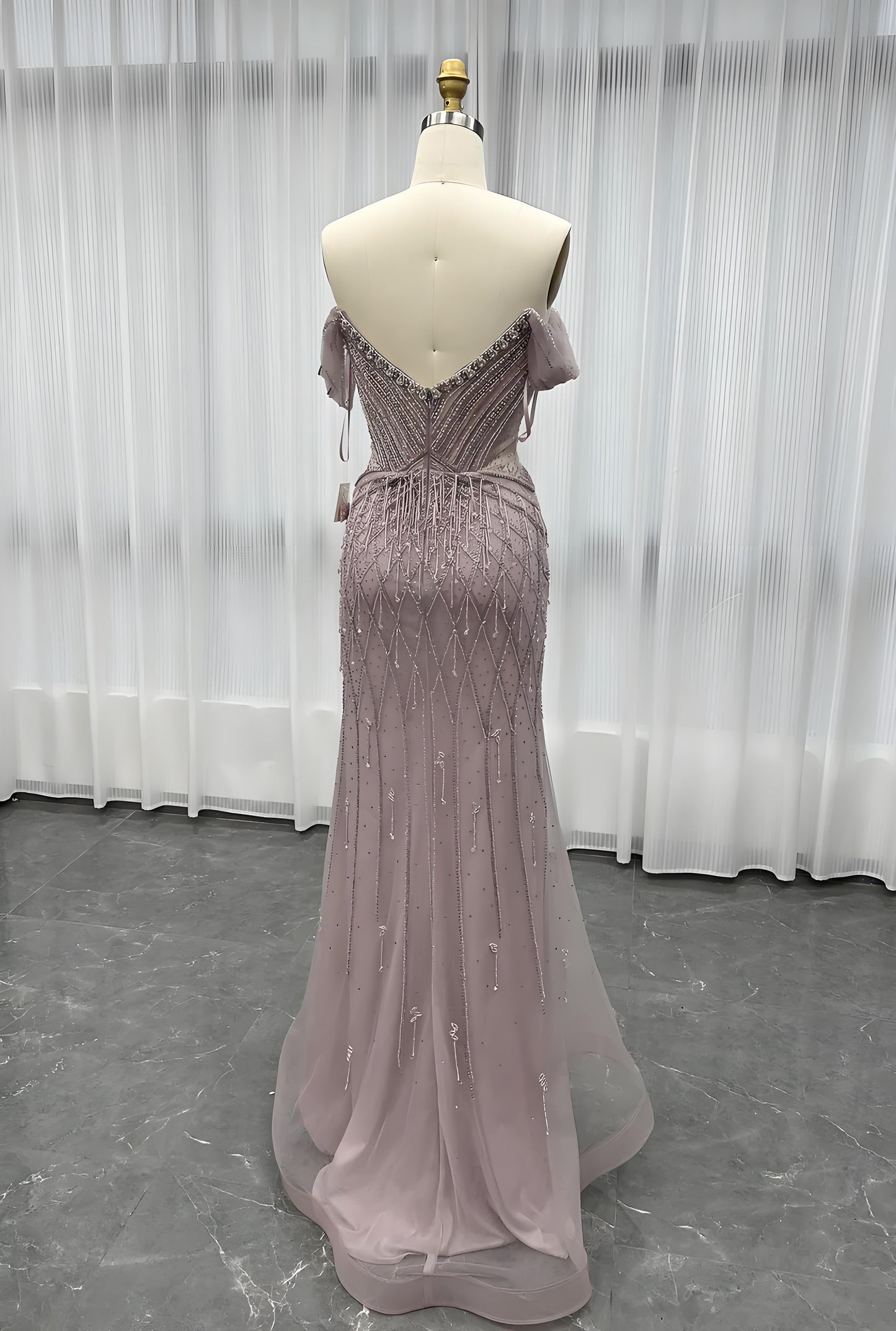 Off Shoulder Evening Dress Long Crystals Beaded Evening Gown-010