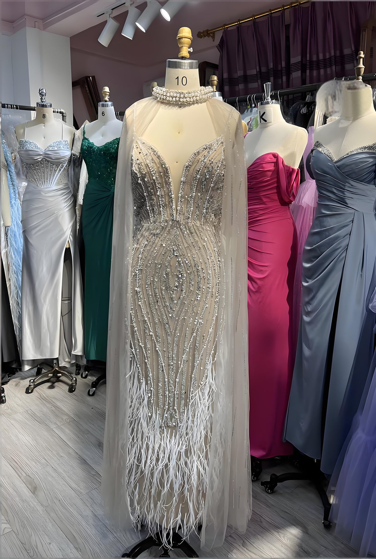 Feathers Evening Dress With Crystals Pearls Wedding Party Gown-011