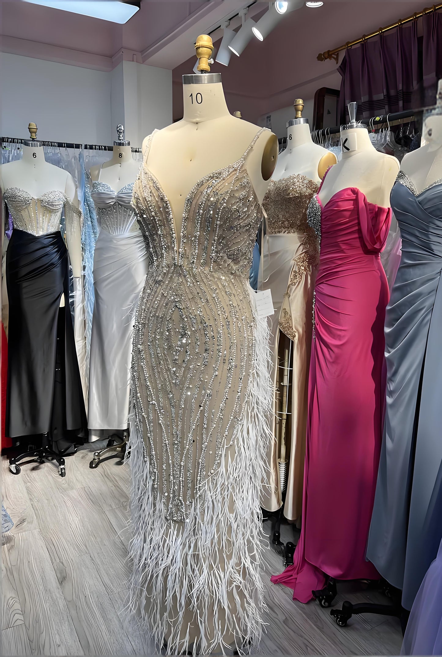 Feathers Evening Dress With Crystals Pearls Wedding Party Gown-011