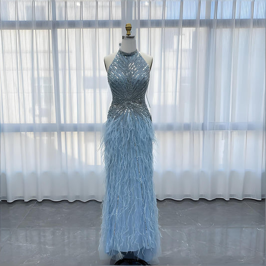 Blue Feathers Crystals Evening Dress Halter-012