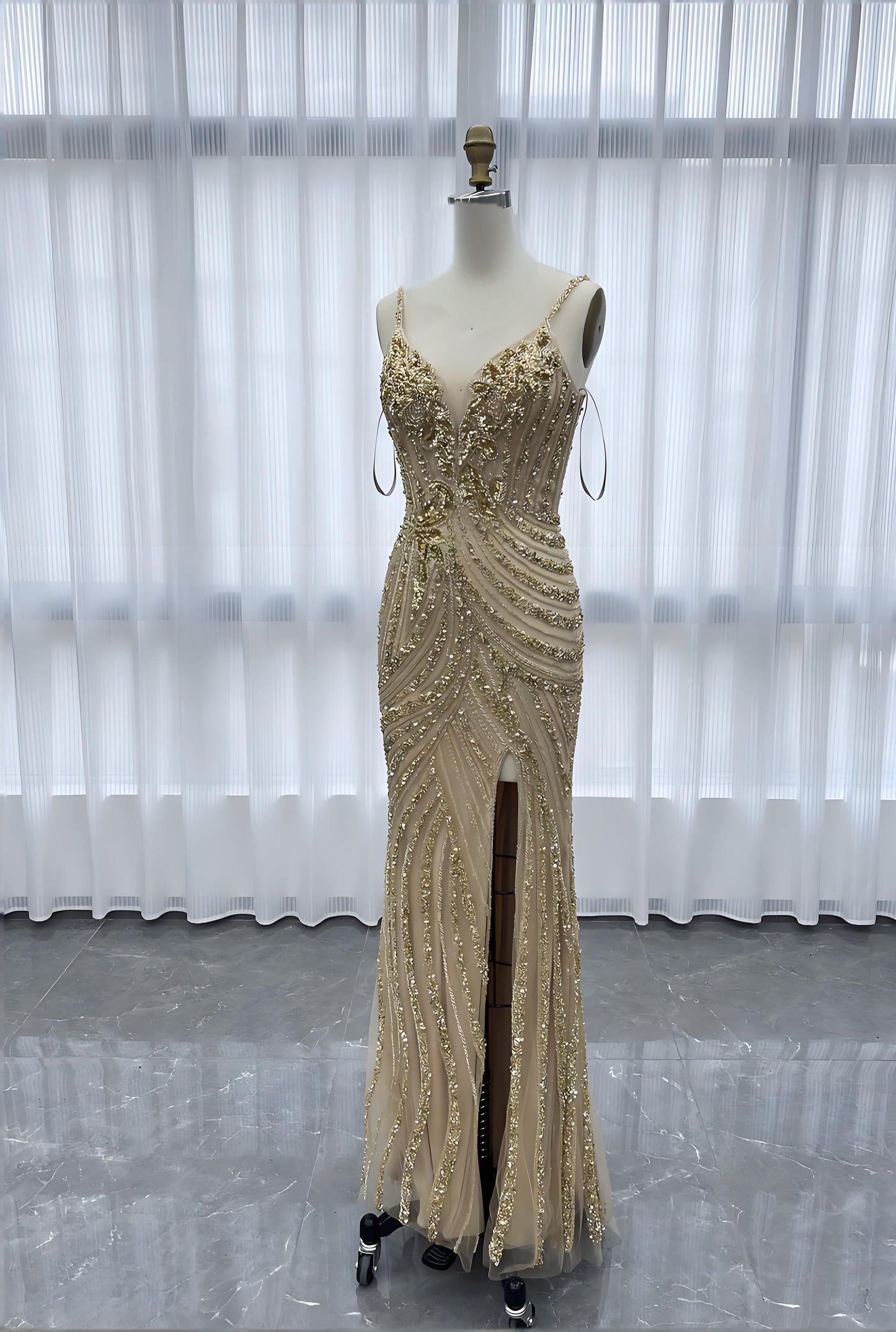 Gold Long Evening Dress Mermaid Handmade Crystals Beaded-013