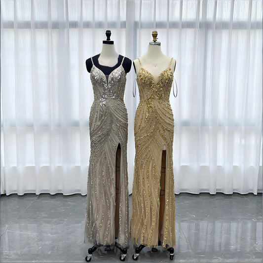 Gold Long Evening Dress Mermaid Handmade Crystals Beaded-013