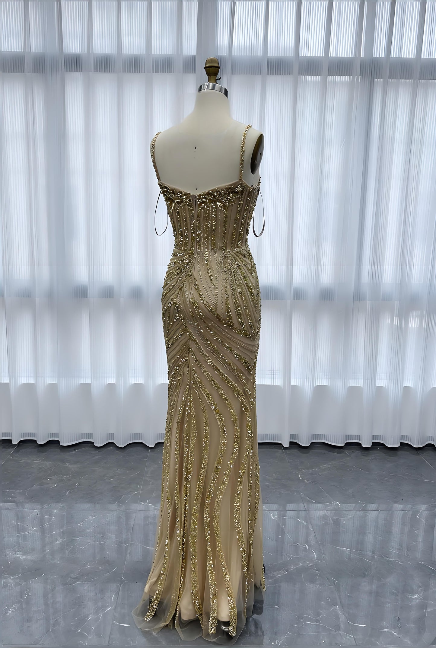 Gold Long Evening Dress Mermaid Handmade Crystals Beaded-013