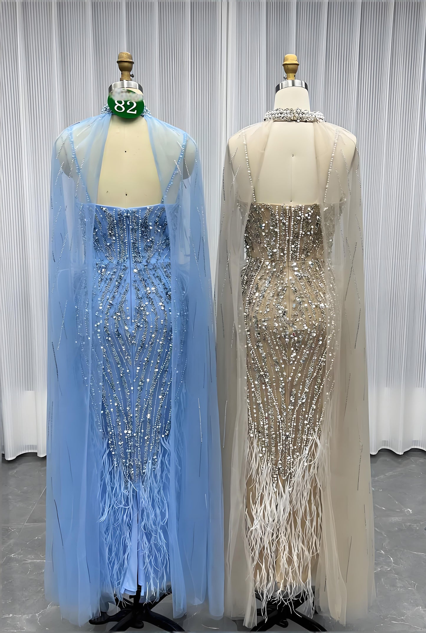 Feathers Evening Dress With Crystals Pearls Wedding Party Gown-011