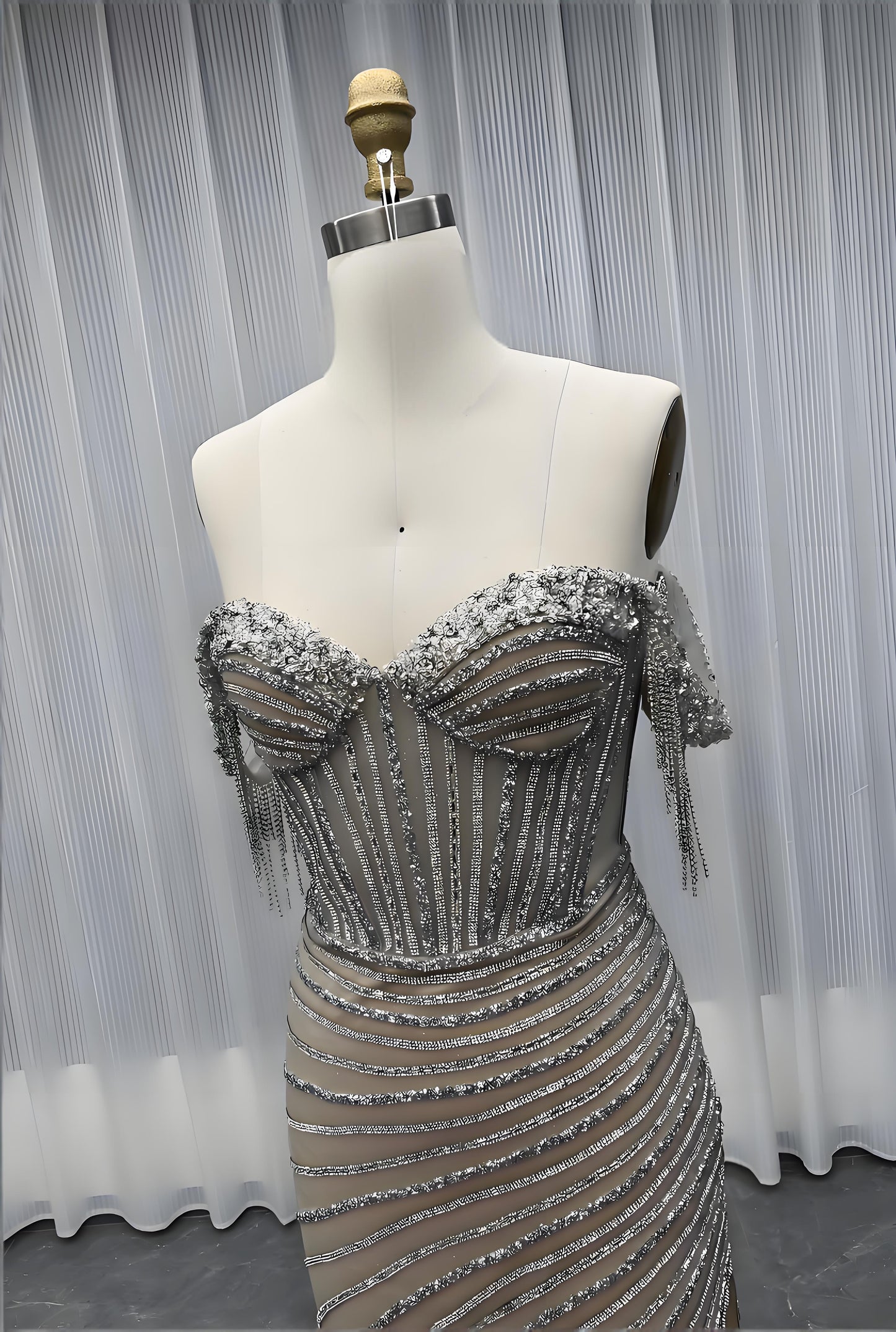 Luxury Off the Shoulder Crystals Prom Dresses Long Mermaid Evening Gown-018