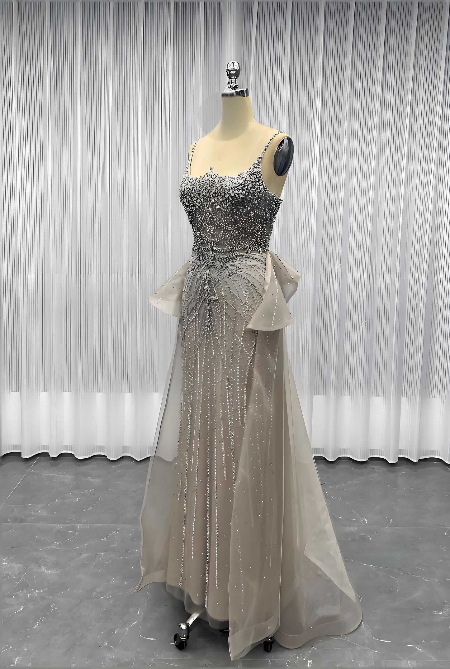 Nude Diamonds Evening Dress Straps Beaded Long Mermaid Formal Party Gown-008