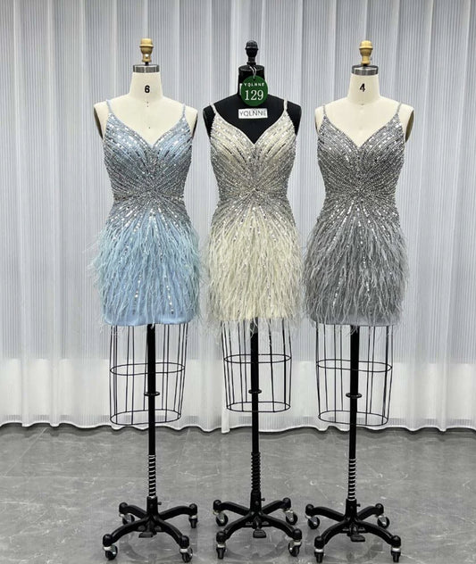 Silver Feathers Short Evening Dress Crystals Beaded Party Gown